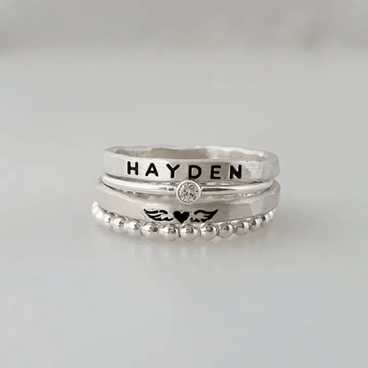 FOR MEMORIAL - MAMA OF AN ANGEL WINGS STACKED CUSTOM RING