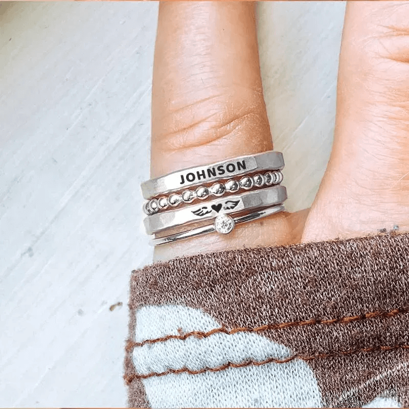 FOR MEMORIAL - MAMA OF AN ANGEL WINGS STACKED CUSTOM RING